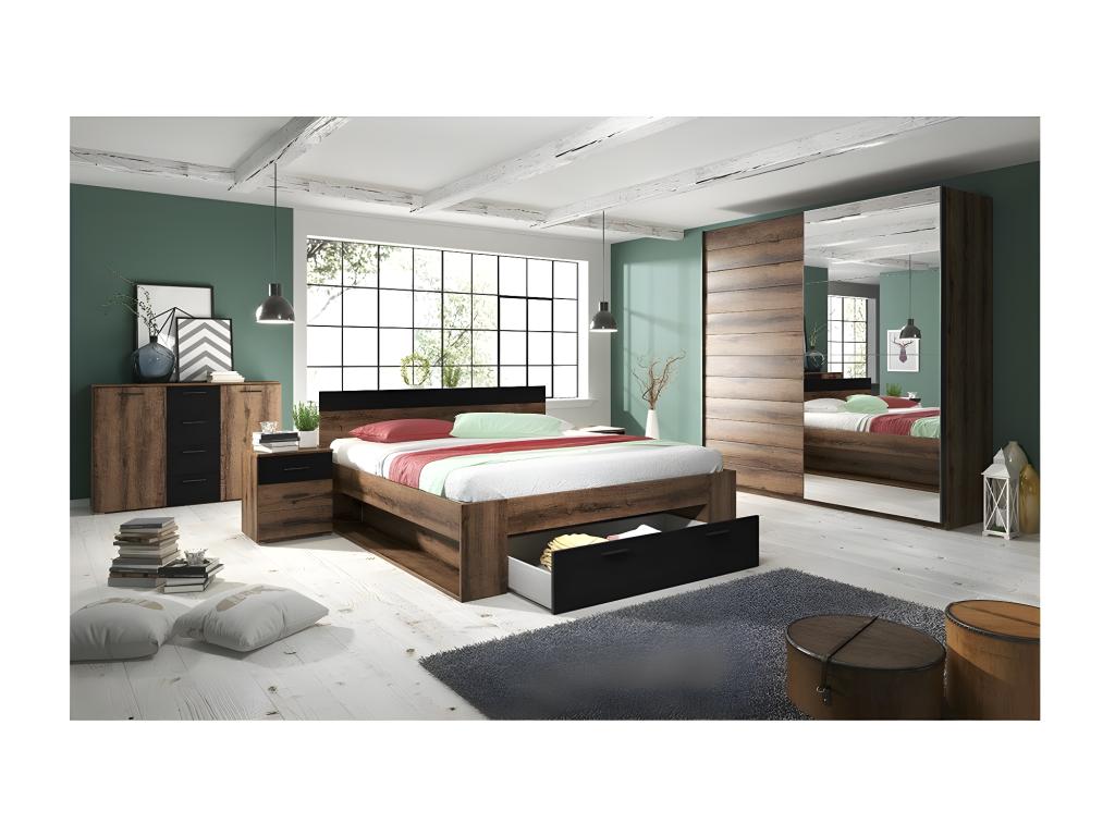 Adult bed 160x200 with integrated drawers Boisona - Boisona Collection - Dark oak and black color DPSJ62826