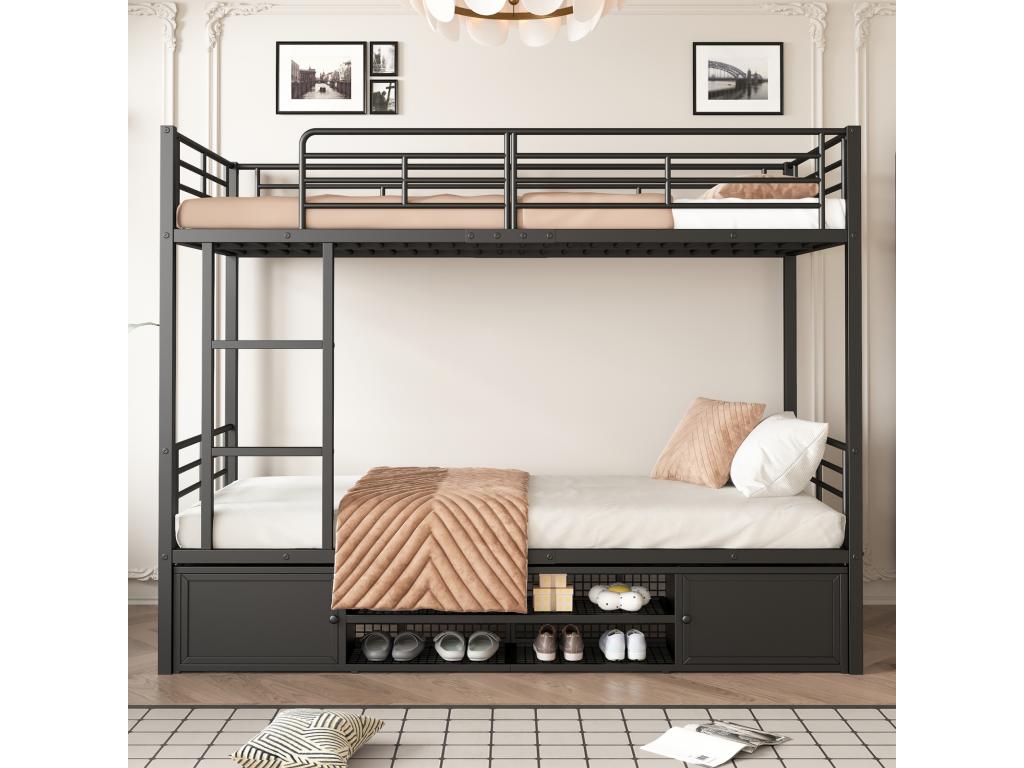 90x200 cm Metal Bunk Bed with Open Shelf, Two-Door Wardrobe, Side Ladder, and Safety Rail - Black PFYZ89909