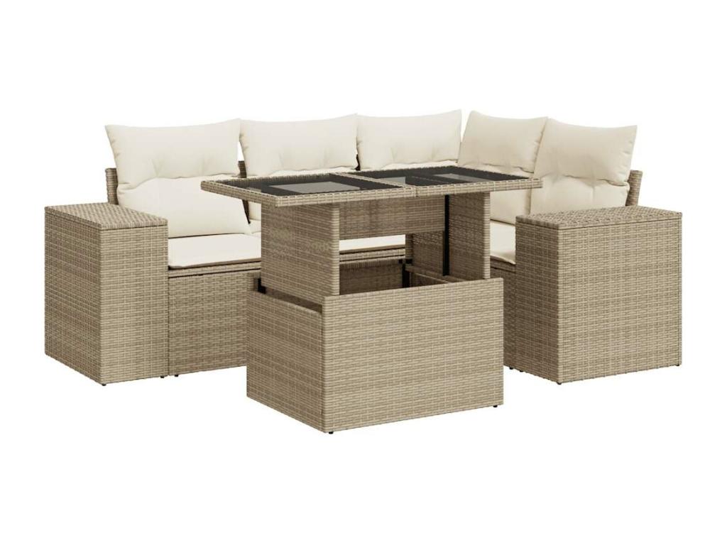 5-piece garden furniture set with cushions, beige woven resin SWDL81377
