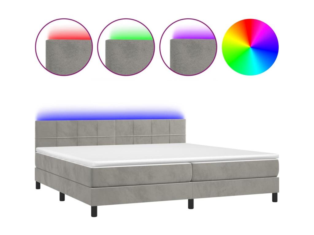 Upholstered bed base with mattress and LED light, light grey, 200x200 cm, velvet, JPWA58368