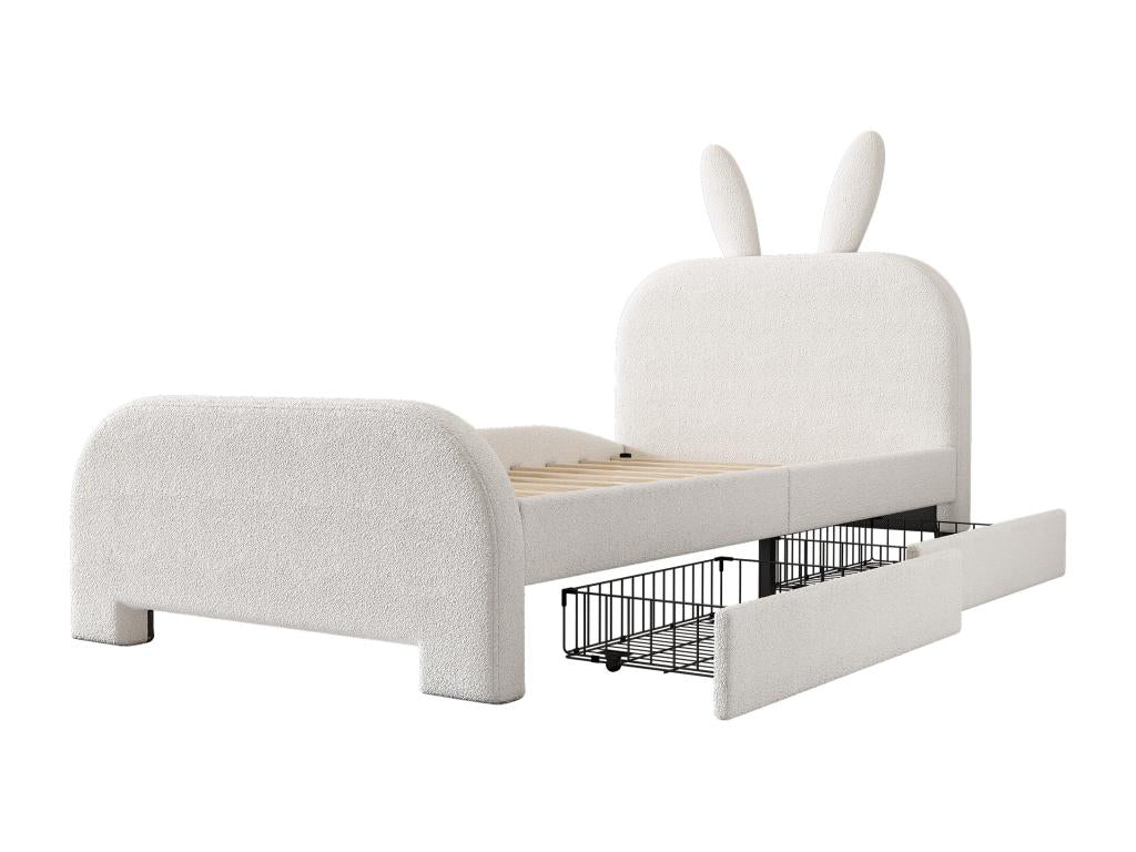 90x200cm Children's Single Bed with 2 Drawers, Boisona Slatted Base and Rabbit-Shaped Headboard in Sheep's Wool, White QJMS72338