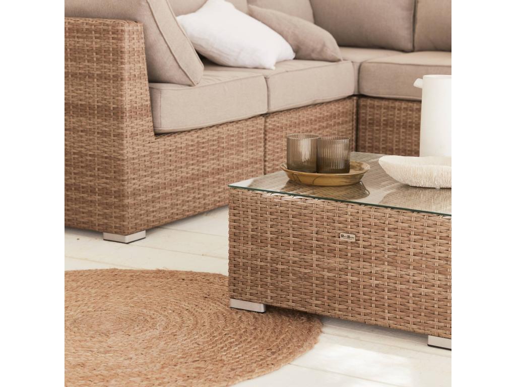 Premium garden furniture set in rounded woven resin – Boisona – Natural resin, wicker style – beige cushions – 5 seats – high-end LIMA51467
