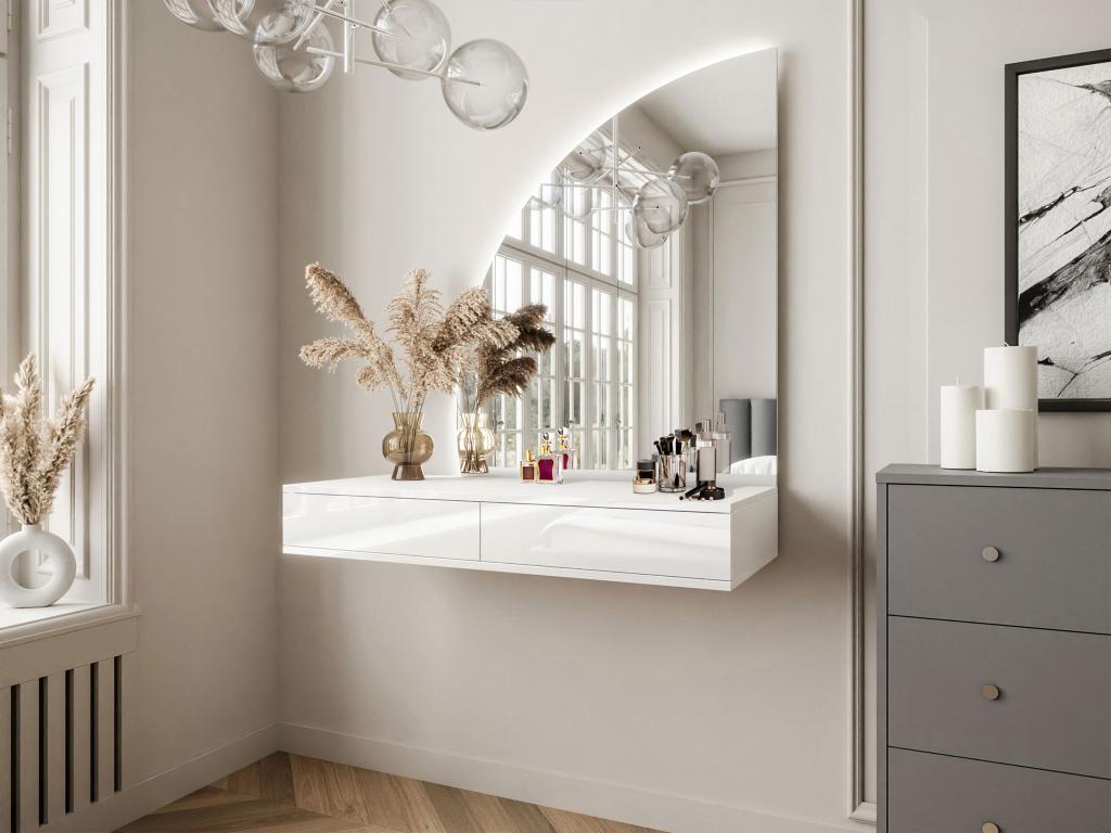 Wall-mounted dressing table with LED mirror - 2 drawers - Glossy white - Boisona LCFO43316