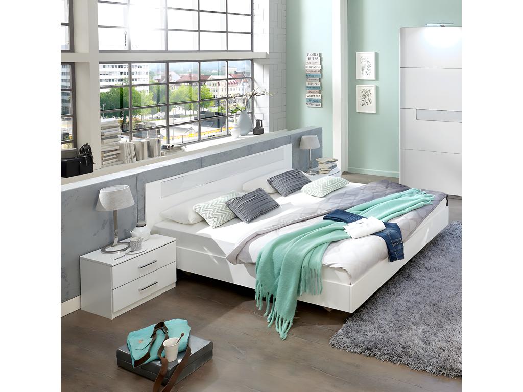 Adult bed with 2 bedside tables, white with white glass trim, Boisona - Dimensions 180x200 cm DESO90915