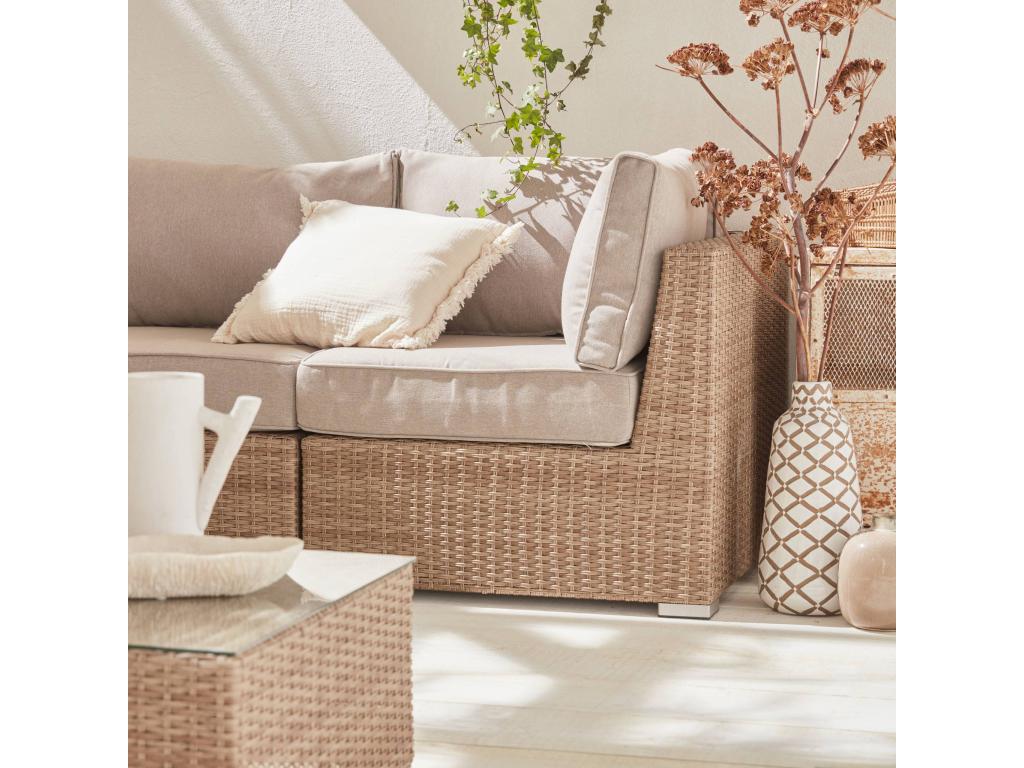 Premium garden furniture set in rounded woven resin – Boisona – Natural resin, wicker style – beige cushions – 5 seats – high-end LIMA51467