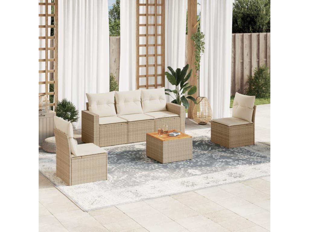 6-piece beige resin wicker garden furniture set with cushions RZQE78755