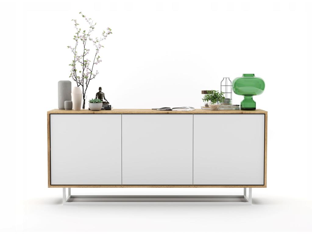 Chest of drawers with 3 doors - Boisona oak frame with matte white fronts - 168 cm metal frame CLMJ15217