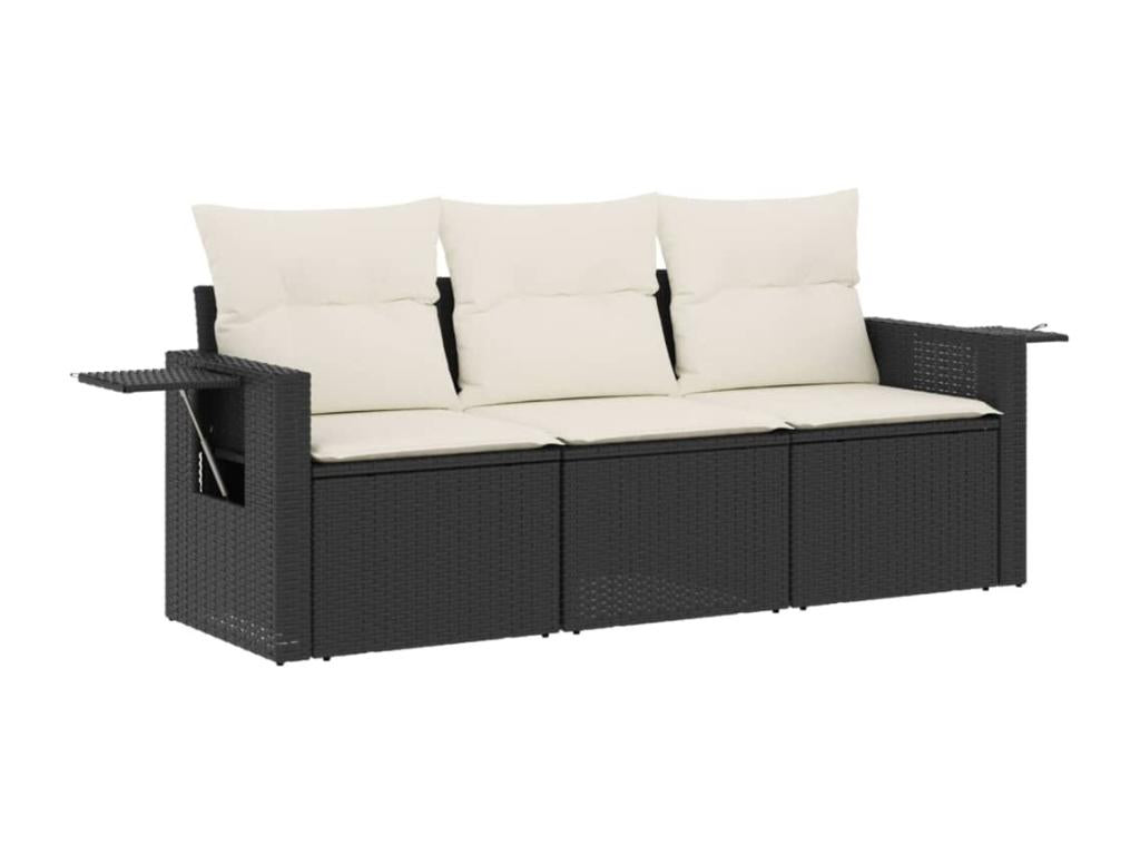 3-piece garden furniture set with cushions, black woven resin HMED70713