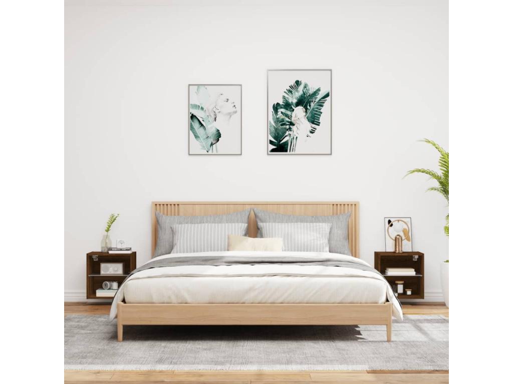 Wall-mounted bedside tables with LED lights, 2 pieces, brown oak ZUIU10731