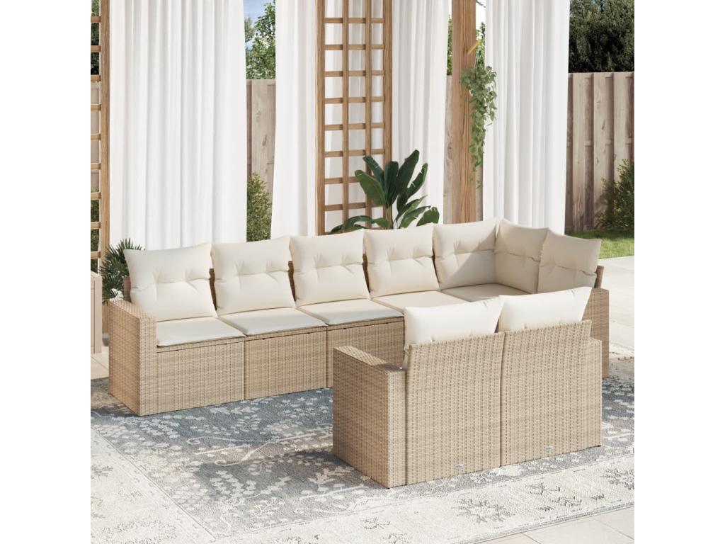 Garden furniture set with cushions, 8 pieces, beige woven resin, HPYR98238