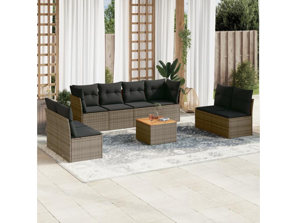 9-piece garden furniture set with grey resin wicker cushions CVFP84587