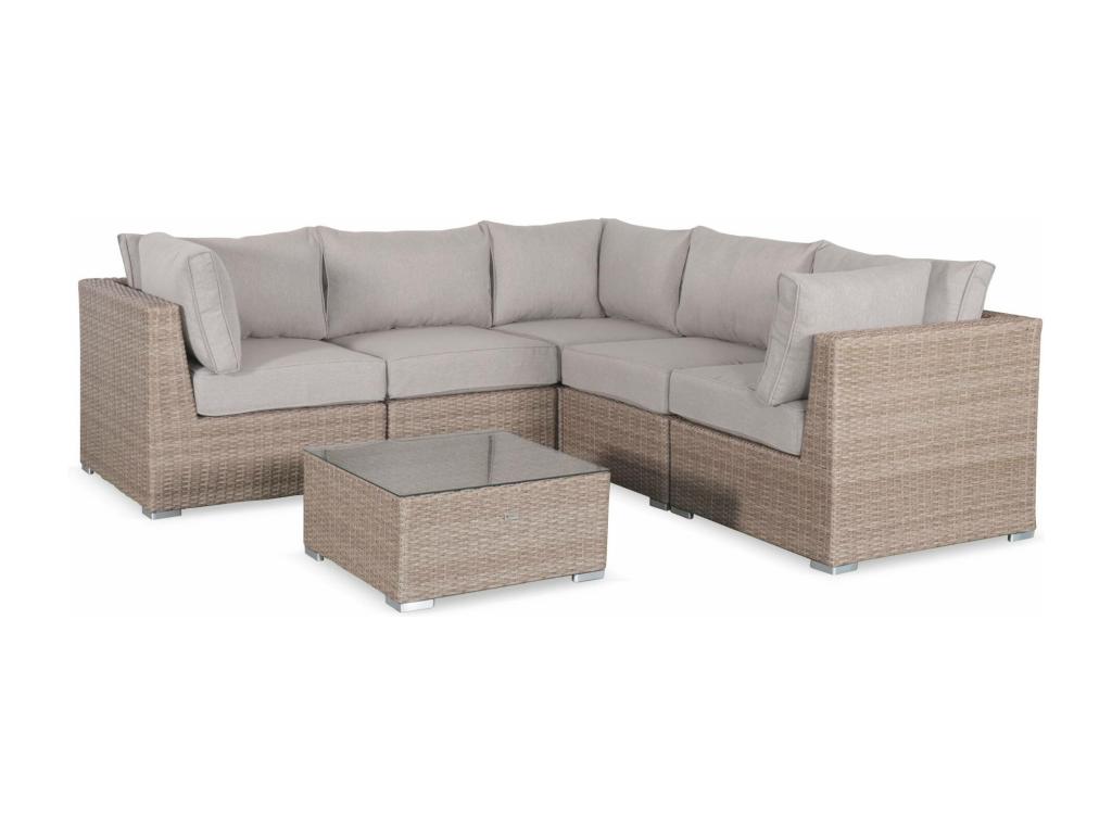 Premium garden furniture set in rounded woven resin – Boisona – Natural resin, wicker style – beige cushions – 5 seats – high-end LIMA51467
