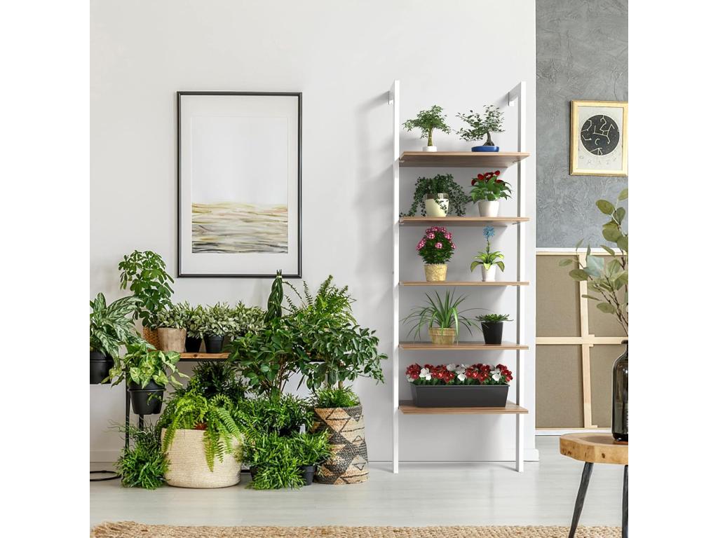 5-Tier Ladder Bookshelf with Metal Frame, Angled Mount Storage Shelf, Industrial Style, White/Brown INUU76322