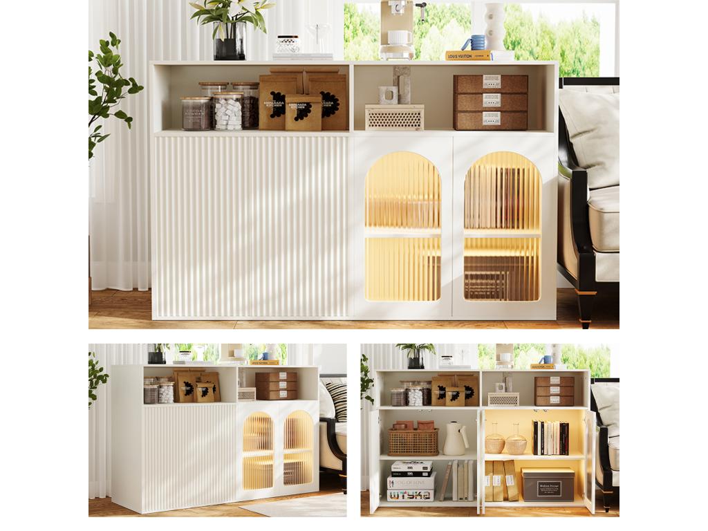 Sideboard with 2 glass doors, 2 magnetic doors, and 2 shelves - LEDs - 140x35x90 cm - MDF wood - for living room/kitchen - White LGMV60147