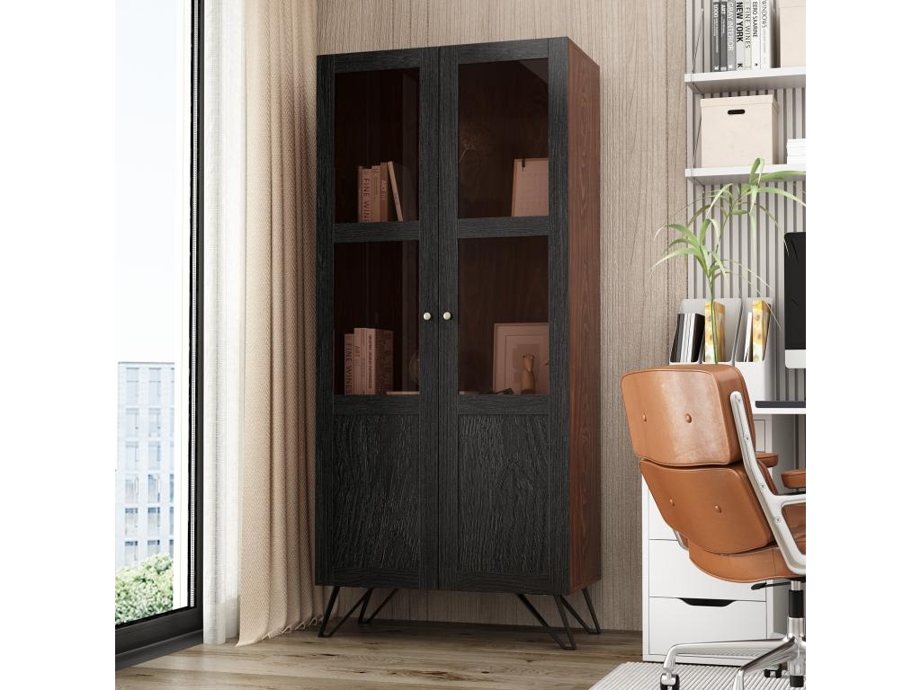 Glass Display Cabinet with Metal Handles and Feet, Standing Storage Unit with 3 Shelves, Living Room, 80x40x180cm, Black/Brown, RBNN50254