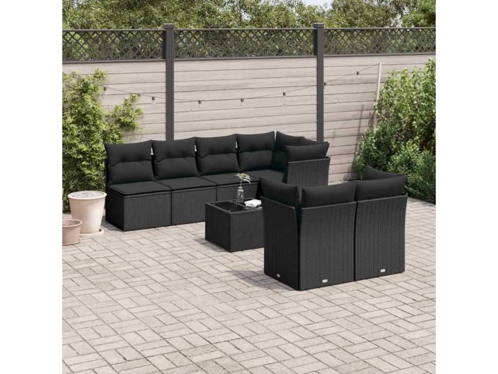 8-piece garden furniture set with cushions, black woven resin PUYK94806