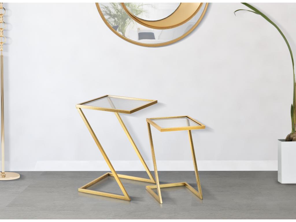 Z Coffee Tables - Set of 2 coffee tables in gold metal and smoked glass - Dimensions 40x40x60 cm and 30x30x50 cm - Geometric and minimalist design NOBL66005