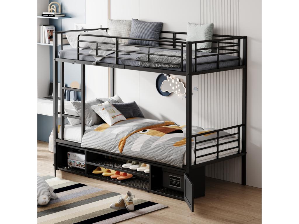 90x200 cm Metal Bunk Bed with Open Shelf, Two-Door Wardrobe, Side Ladder, and Safety Rail - Black PFYZ89909