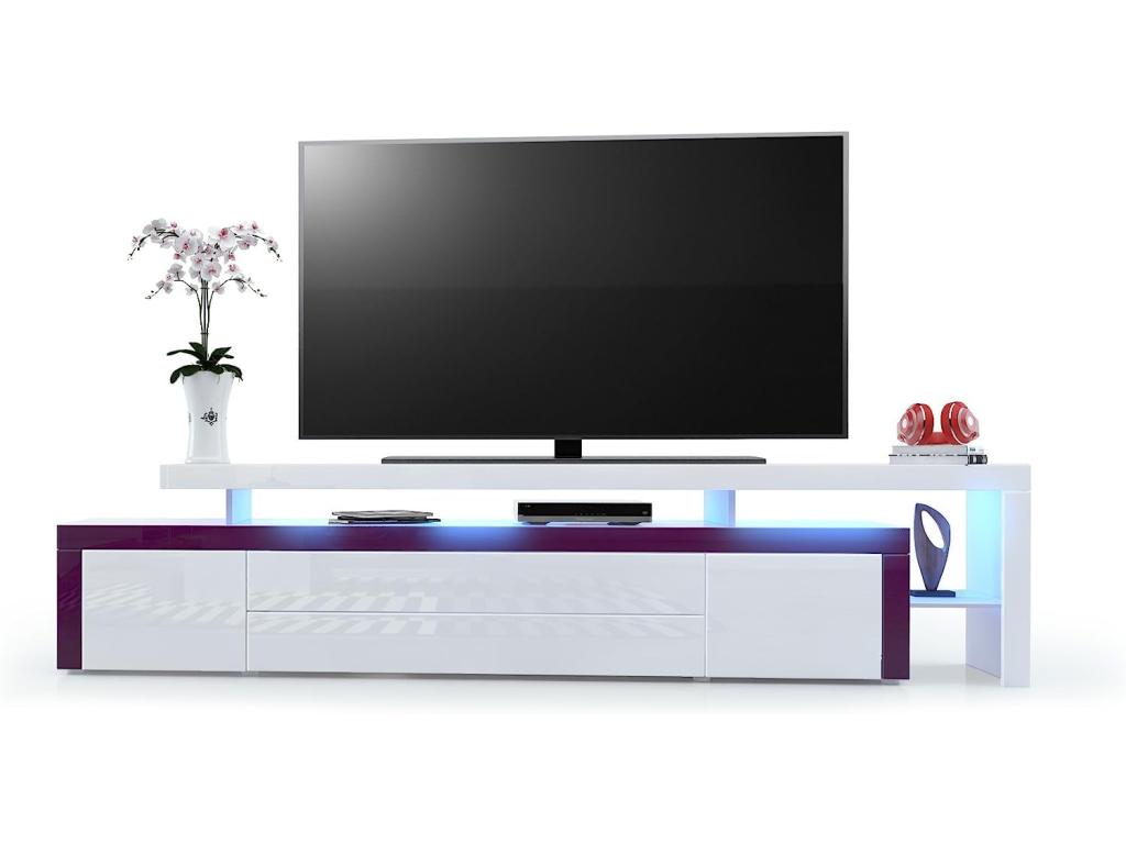 High Gloss White TV Stand with Blackberry Trim and RGB LED Lighting, WxHxD 227x52x35 cm, IDVQ01447