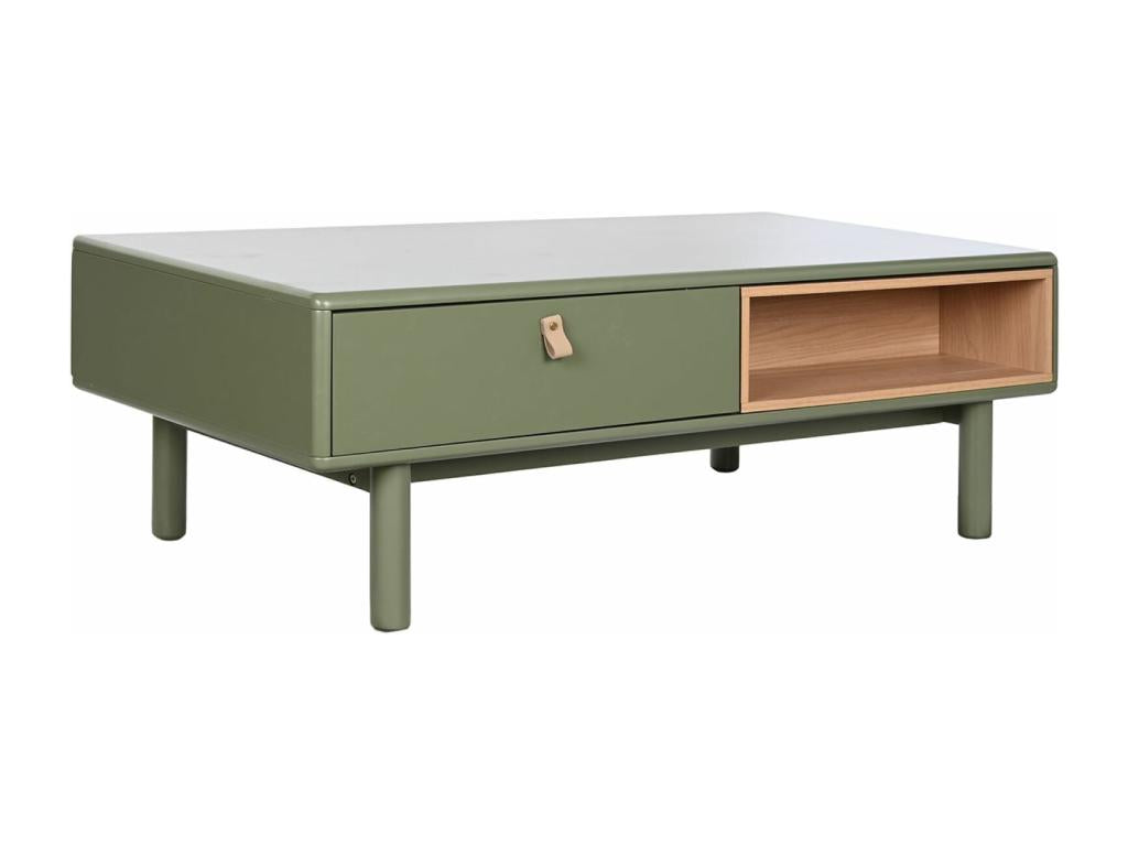 Rectangular coffee table with 2 drawers in natural wood and green PU - length 120 x depth 60 x height 40 cm YNQC33341