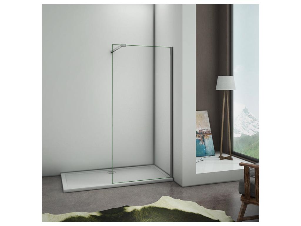Walk-in shower screen 110x200cm with 90cm support bar and large clamp - Chrome - 8mm tempered clear glass BMAI17562