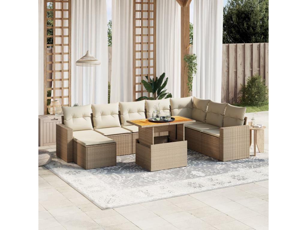 9-piece garden furniture set with cushions, beige woven resin EJGT58805
