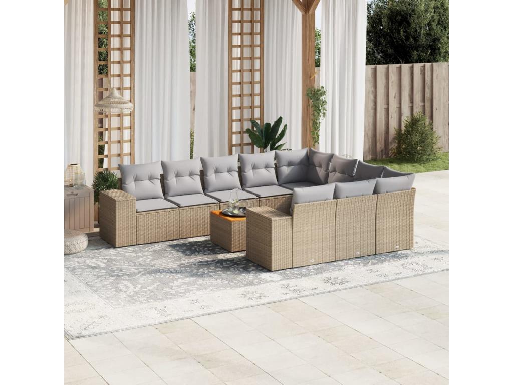 11-piece garden furniture set with beige cushions, woven resin FTLB50996