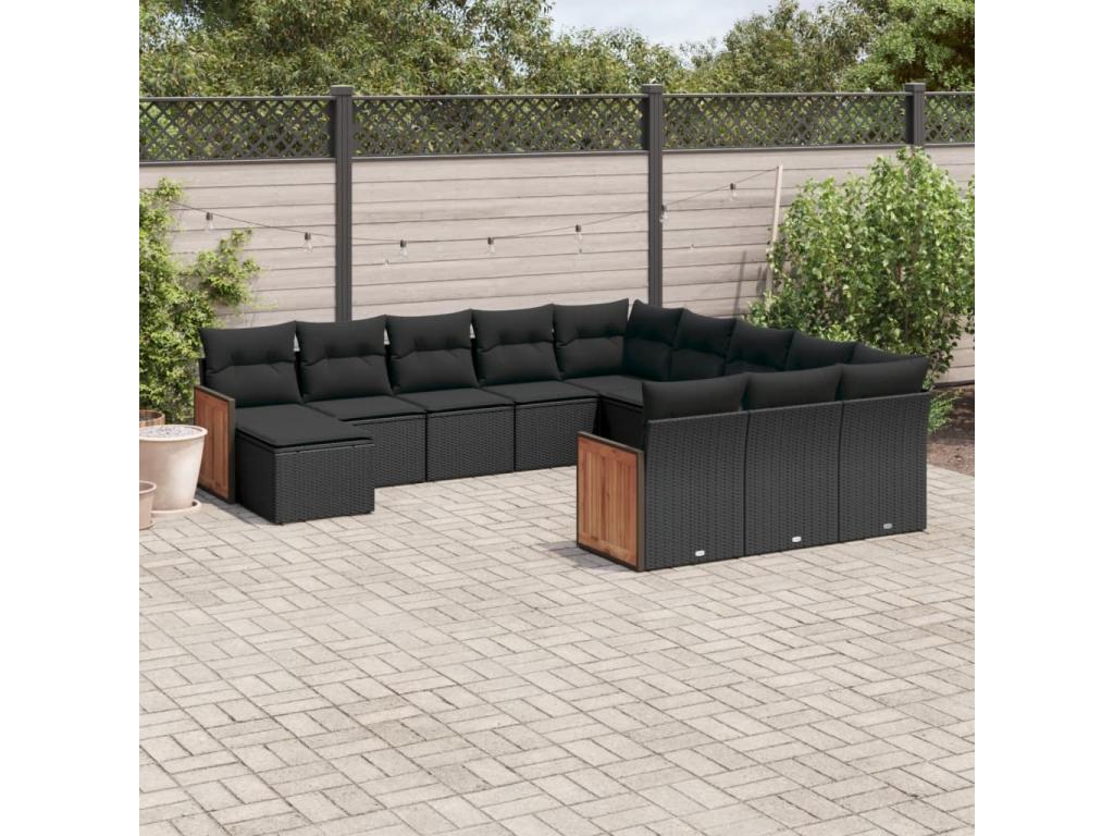 12-piece garden furniture set with cushions, black woven resin QAFY63306