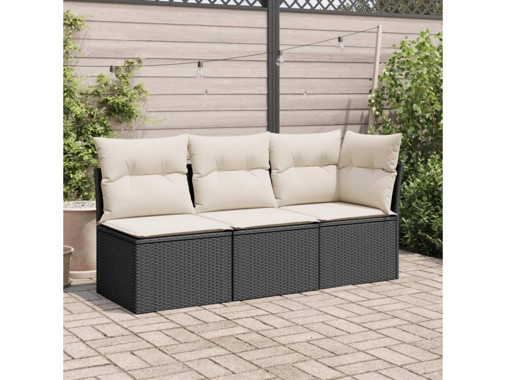 Garden sofa with cushions, 3-seater, black woven resin, FSRT85683