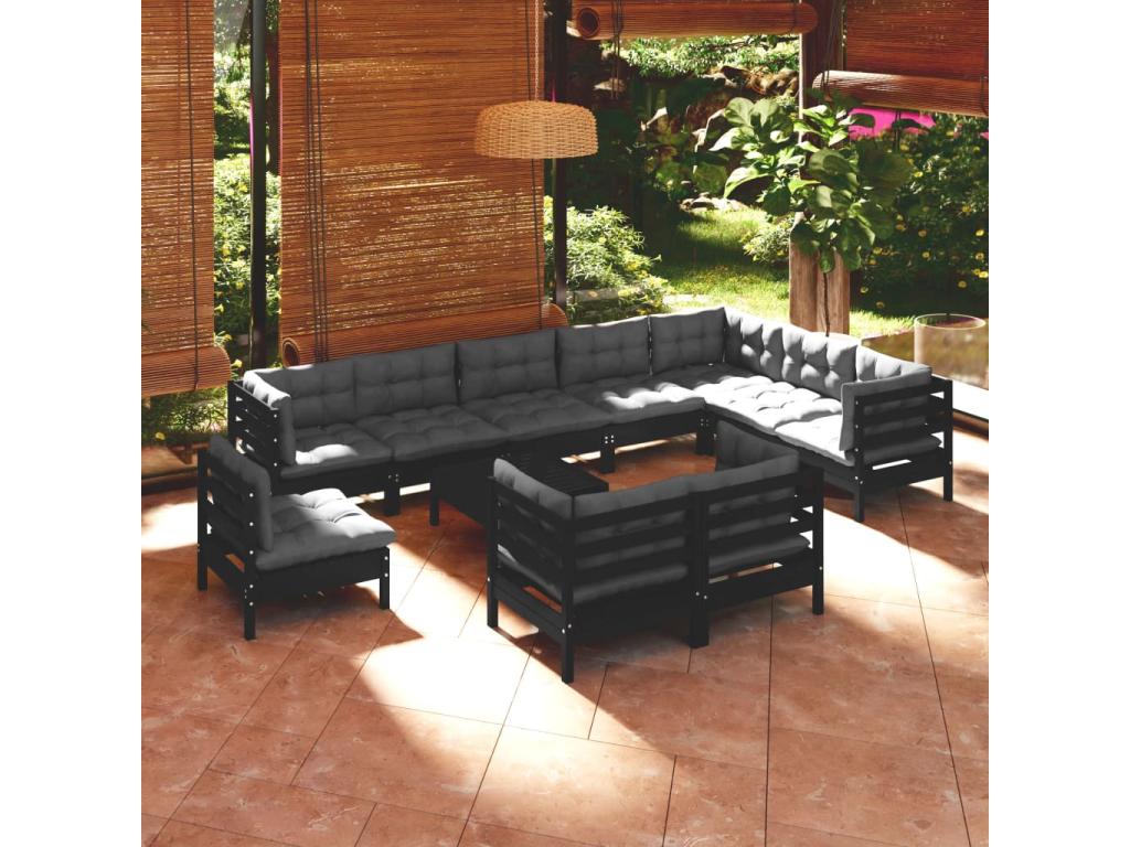11-piece garden furniture set with cushions, black, solid pine wood KJXI35167
