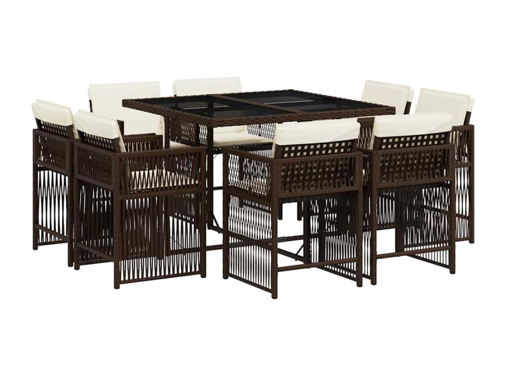 9-piece brown poly rattan garden dining set and cushions PRMY55806