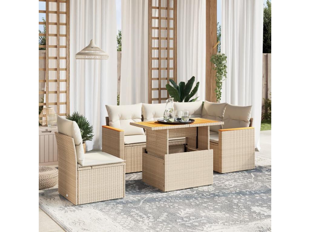 Garden furniture set with cushions, 6 pieces, beige woven resin XGYP03909