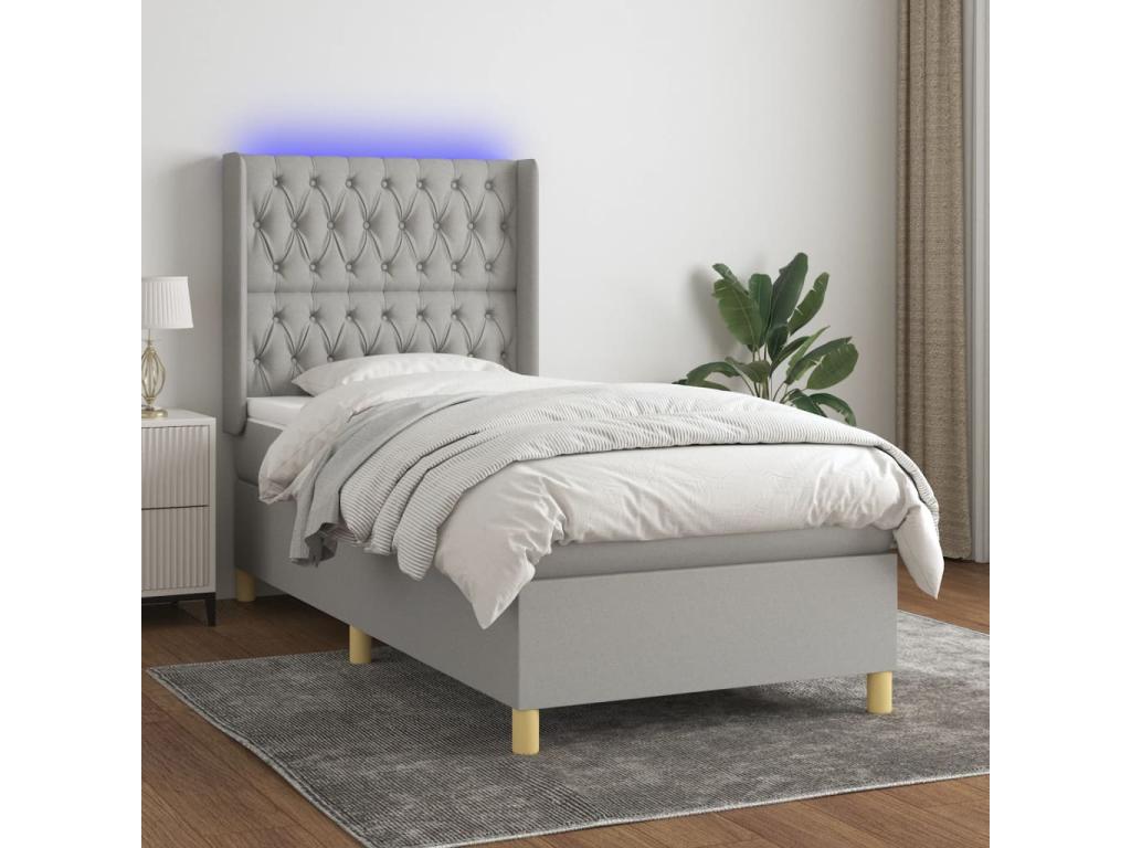 Upholstered bed base with mattress and LED light, light grey, 90x200 cm, fabric AKXQ82041