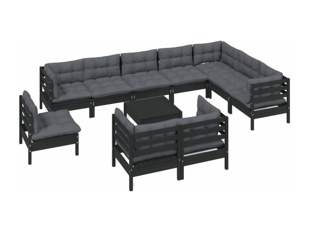 11-piece garden furniture set with cushions, black, solid pine wood KJXI35167