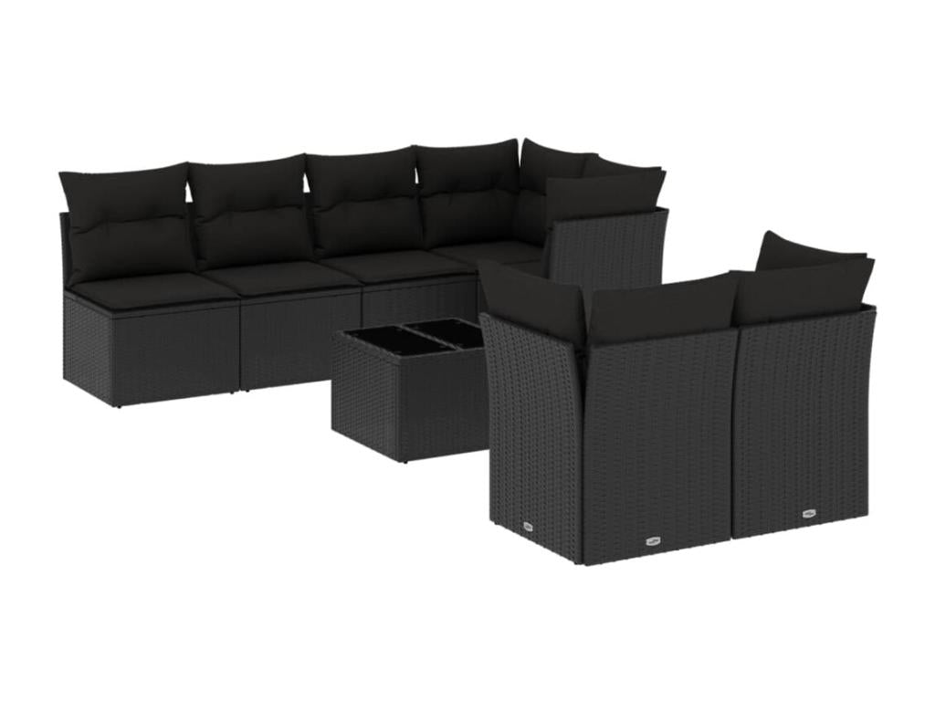 8-piece garden furniture set with cushions, black woven resin PUYK94806