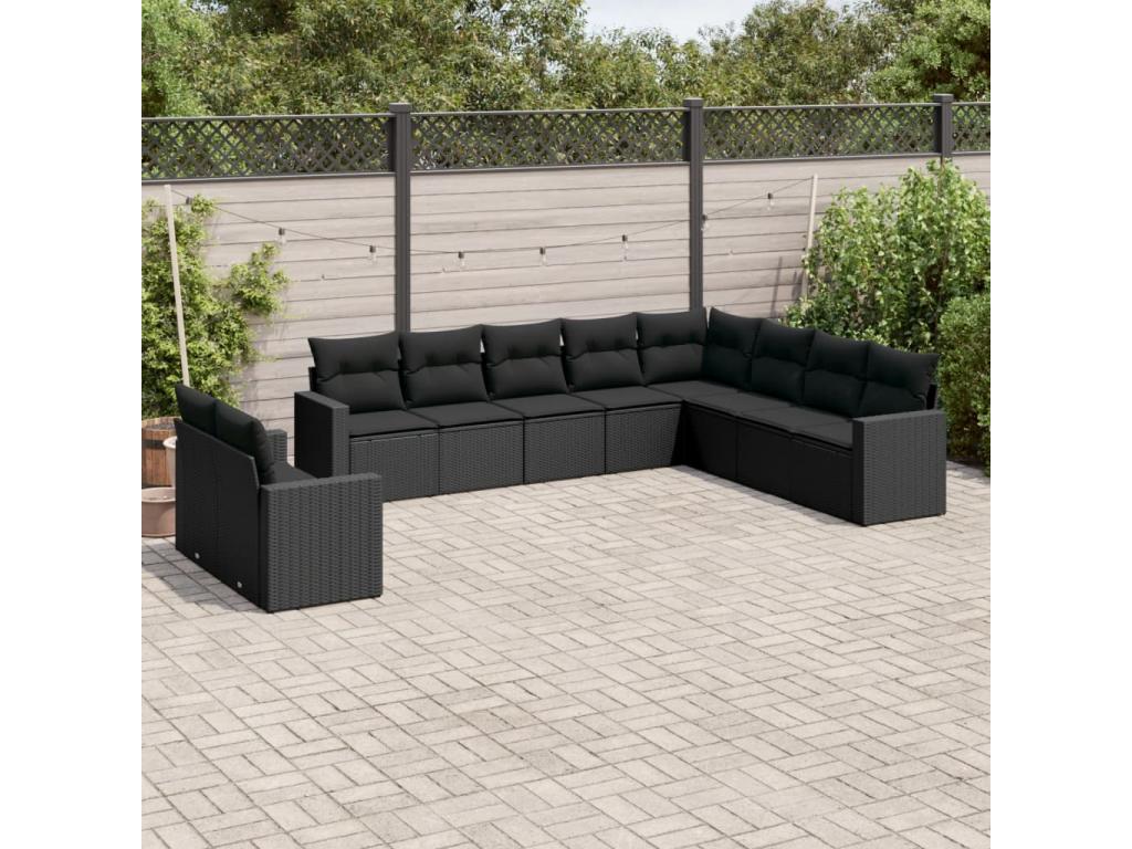 10-piece garden furniture set with cushions, black wicker resin HKJB55207