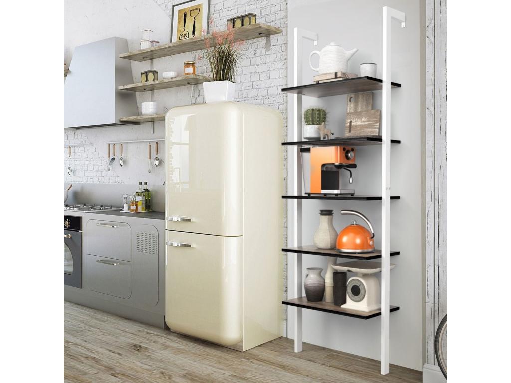 5-Tier Ladder Bookshelf with Metal Frame, Angled Mount Storage Shelf, Industrial Style, White/Brown INUU76322