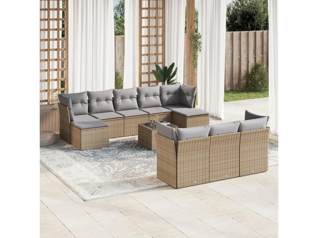11-piece garden furniture set with beige cushions, woven resin PRJU66981