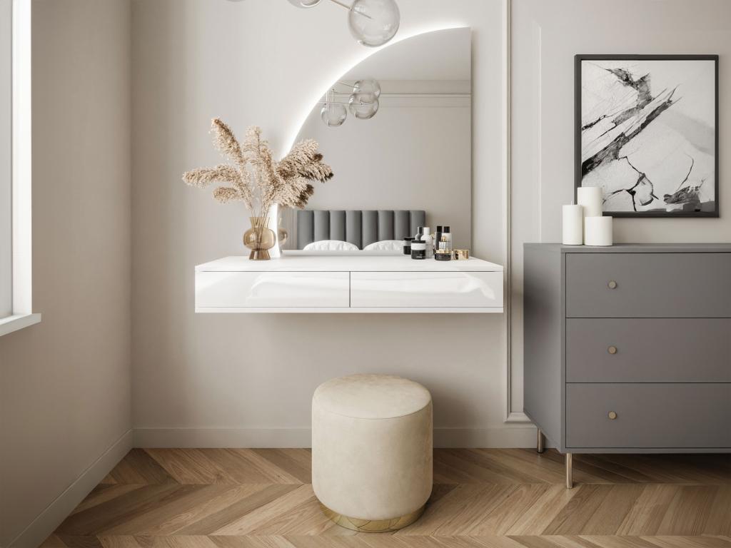 Wall-mounted dressing table with LED mirror - 2 drawers - Glossy white - Boisona LCFO43316