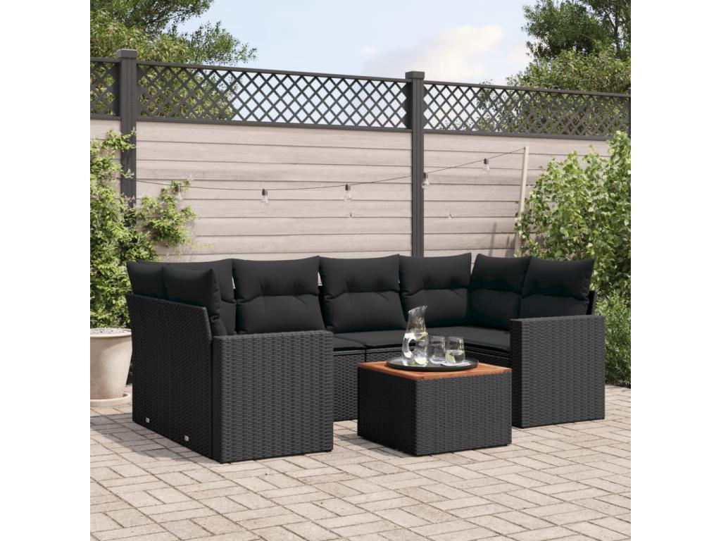 7-piece garden furniture set with cushions, black woven resin SYTB83197