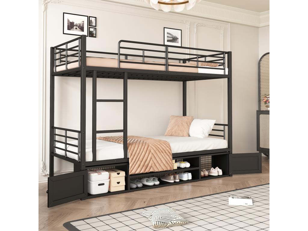 90x200 cm Metal Bunk Bed with Open Shelf, Two-Door Wardrobe, Side Ladder, and Safety Rail - Black PFYZ89909