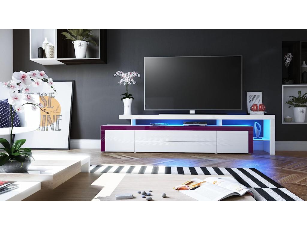 High Gloss White TV Stand with Blackberry Trim and RGB LED Lighting, WxHxD 227x52x35 cm, IDVQ01447