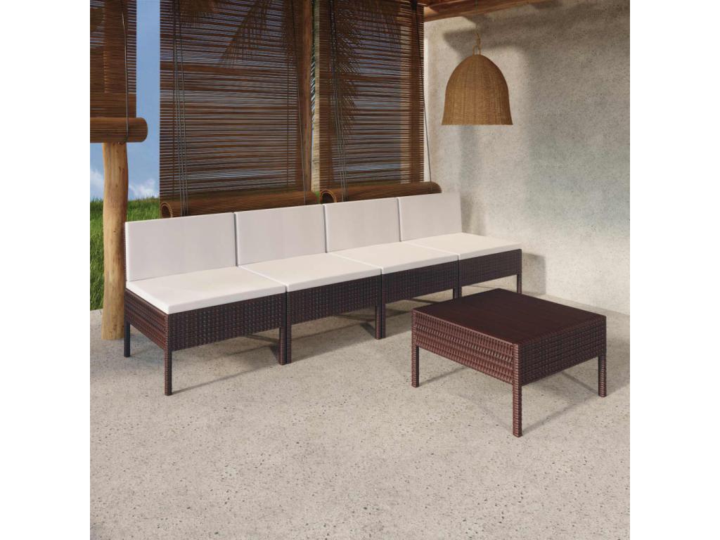 5-piece garden furniture set with cushions, brown woven resin, 37 FCOB38207