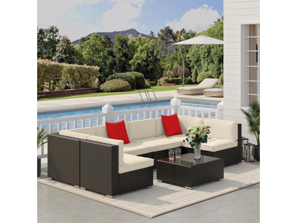 7-piece modular garden furniture set with tempered glass top coffee table and removable cushions included, dark brown rattan-effect woven resin PDMW89997