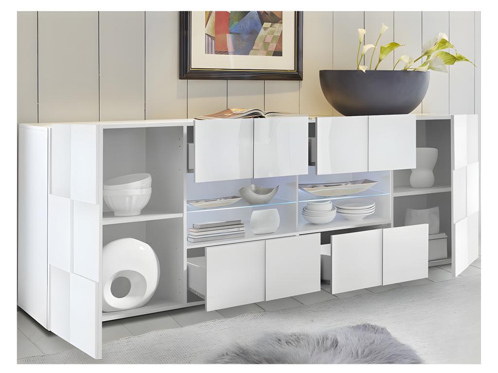 2-Door, 4-Drawer Buffet in Glossy White Lacquer with LED Lighting - Boisona JPDU47761