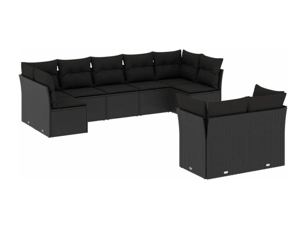9-piece garden furniture set with cushions, black woven resin YFVQ69731