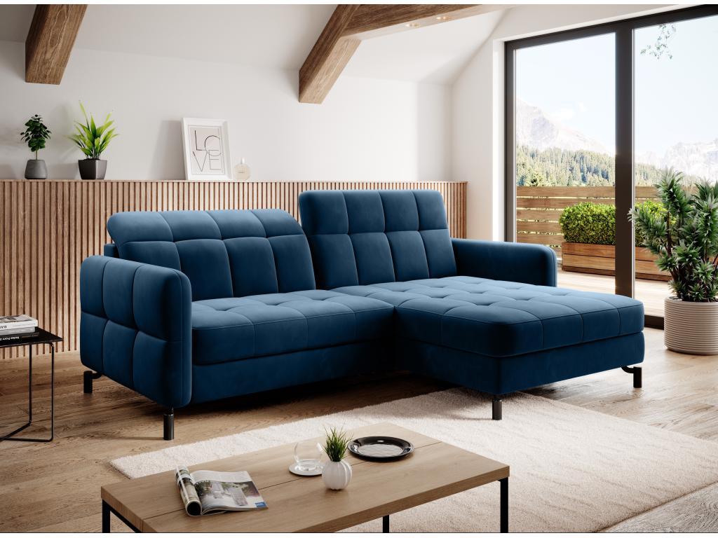 Right-hand corner sofa bed with adjustable headrests, quilted blue velvet, Boisona 225cm DKZT16445