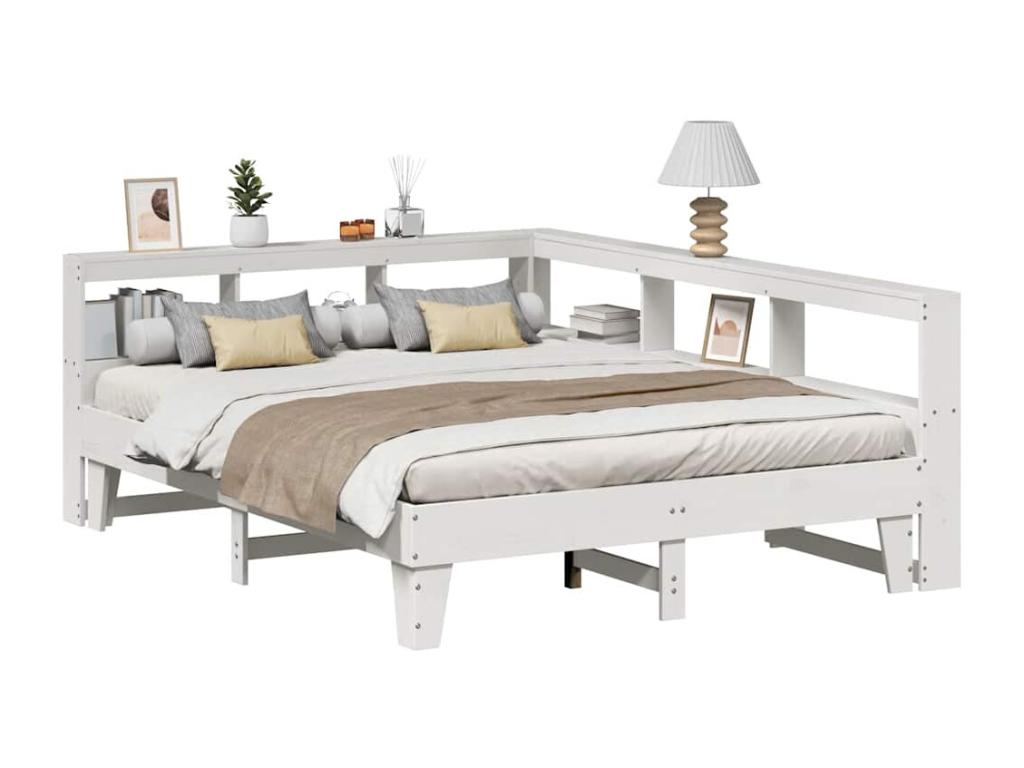 White bookcase bed without mattress, 150x200 cm, solid pine wood, QDRM19915